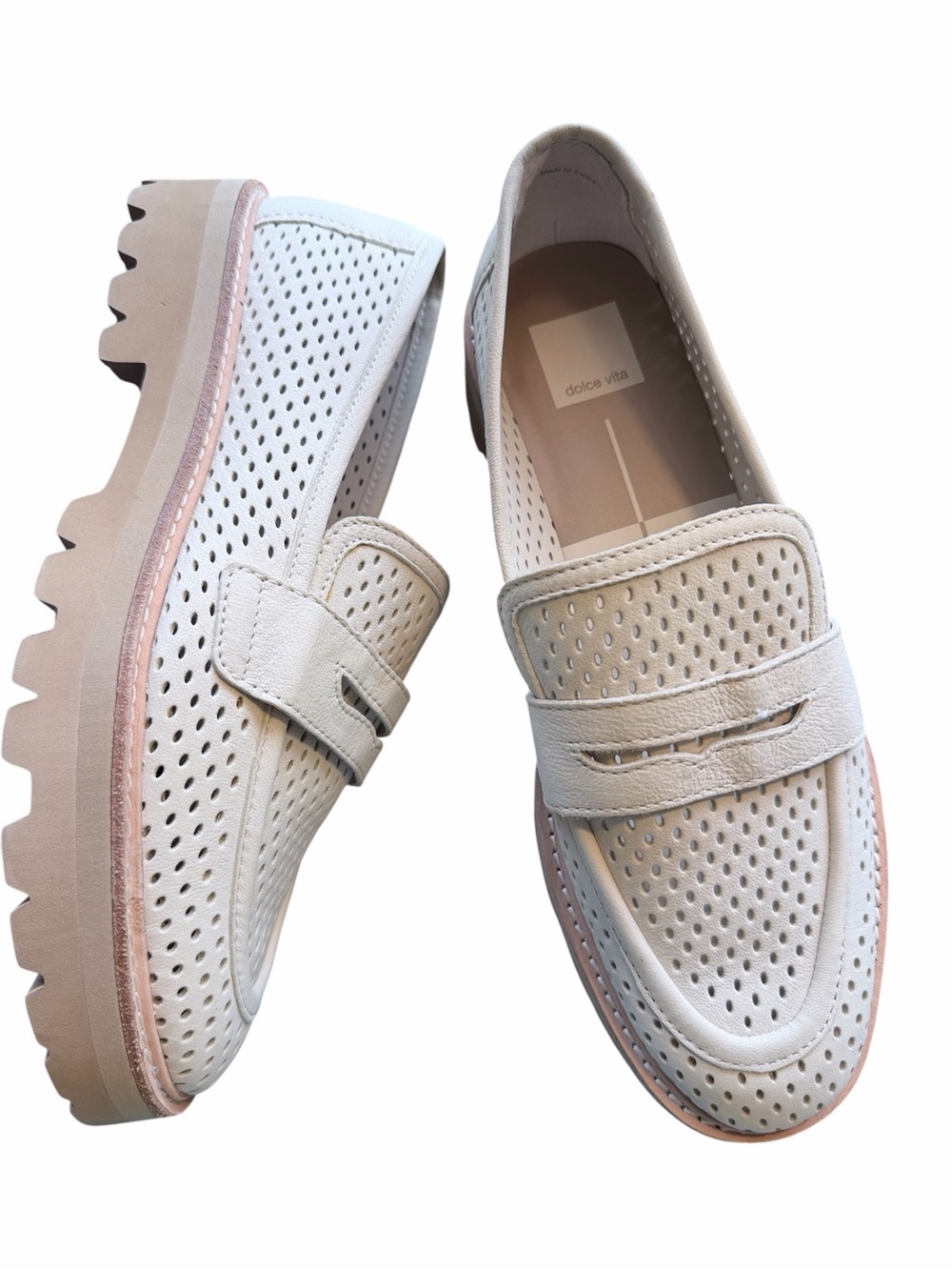 Dolce Vita Perforated Ivory-Taupe Platform Penny Loafers